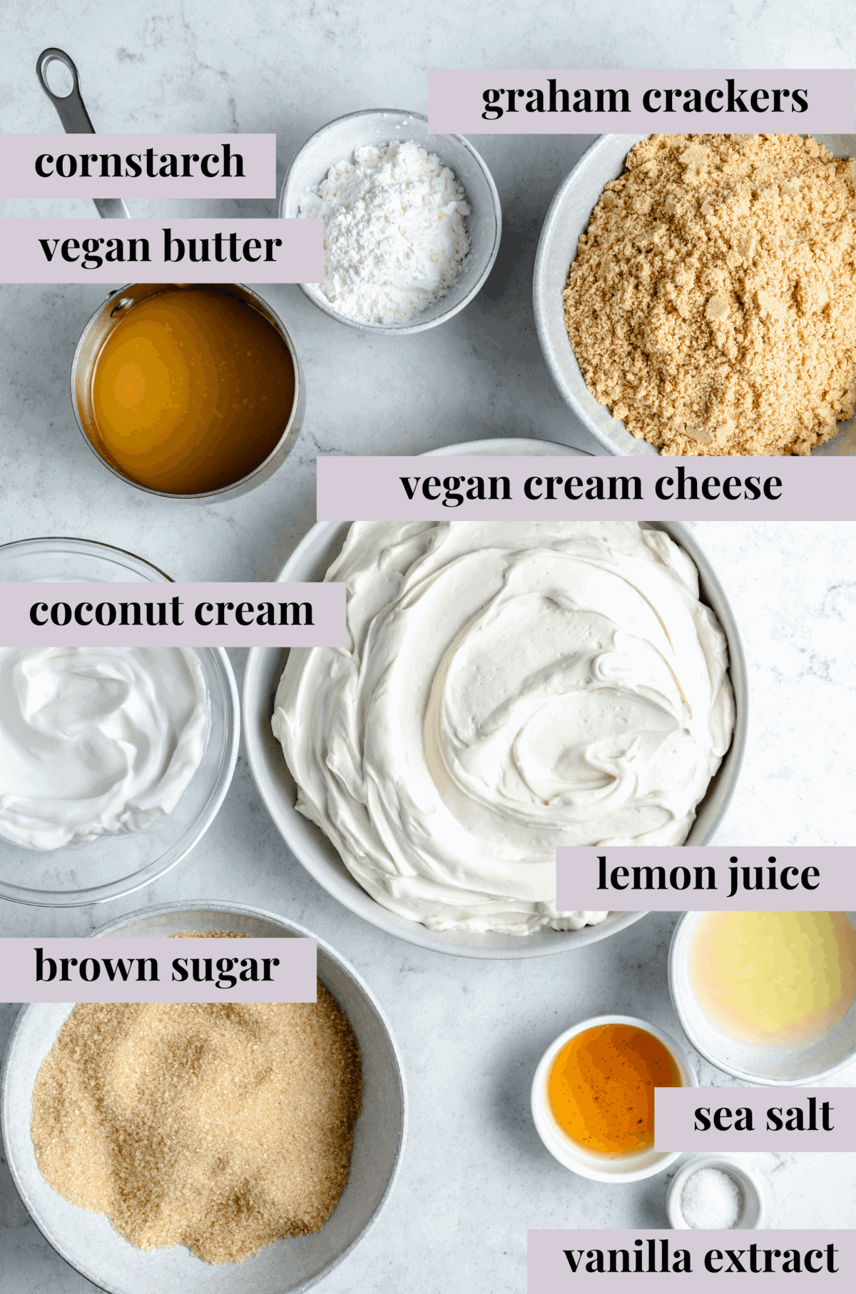 Ingredients for creamy vegan cheesecake.