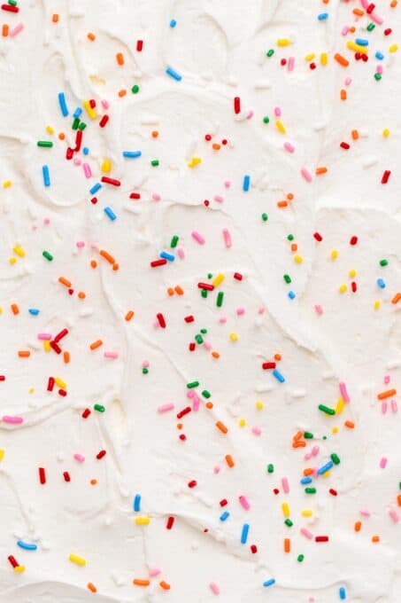 Buttercream frosting and rainbow sprinkles.