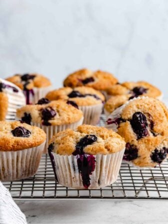 Blueberry muffins in wrappers.