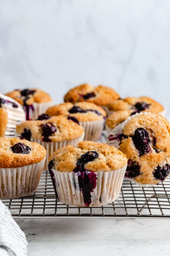 Blueberry muffins in wrappers.