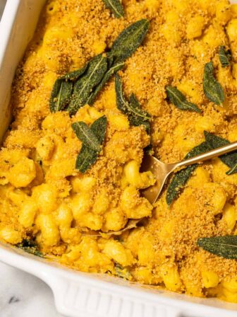 Baked mac and cheese with sage.