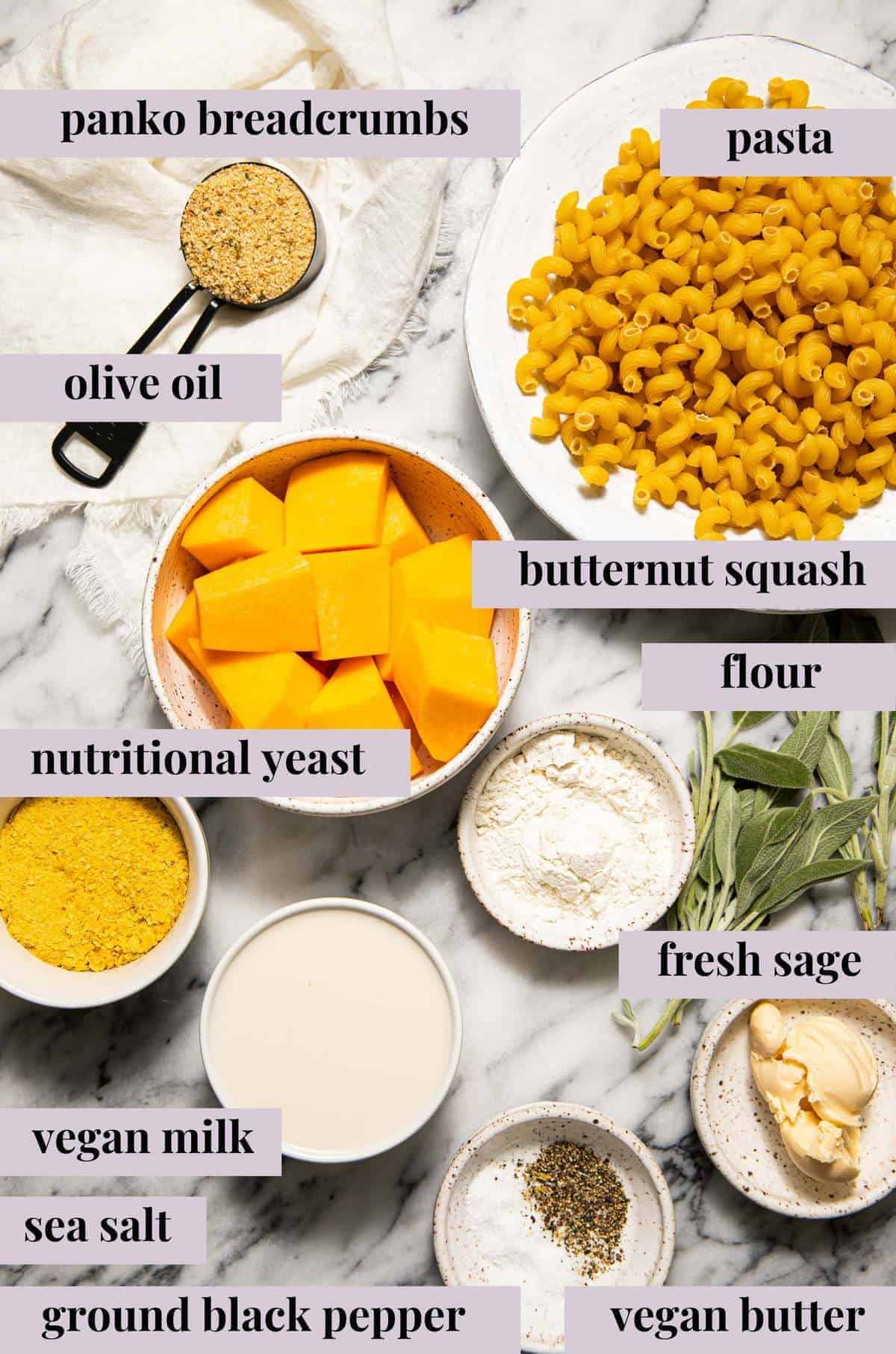 Ingredients for vegan butternut squash mac and cheese.
