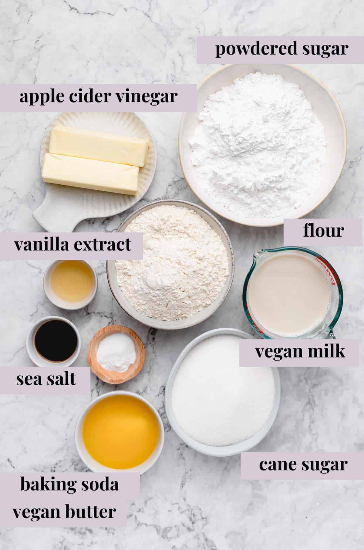 Ingredients for vegan vanilla sheet cake.