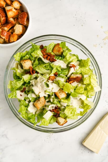 Vegan caesar salad with croutons in a bowl.