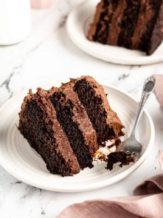 slice of chocolate cake on a plate with a fork