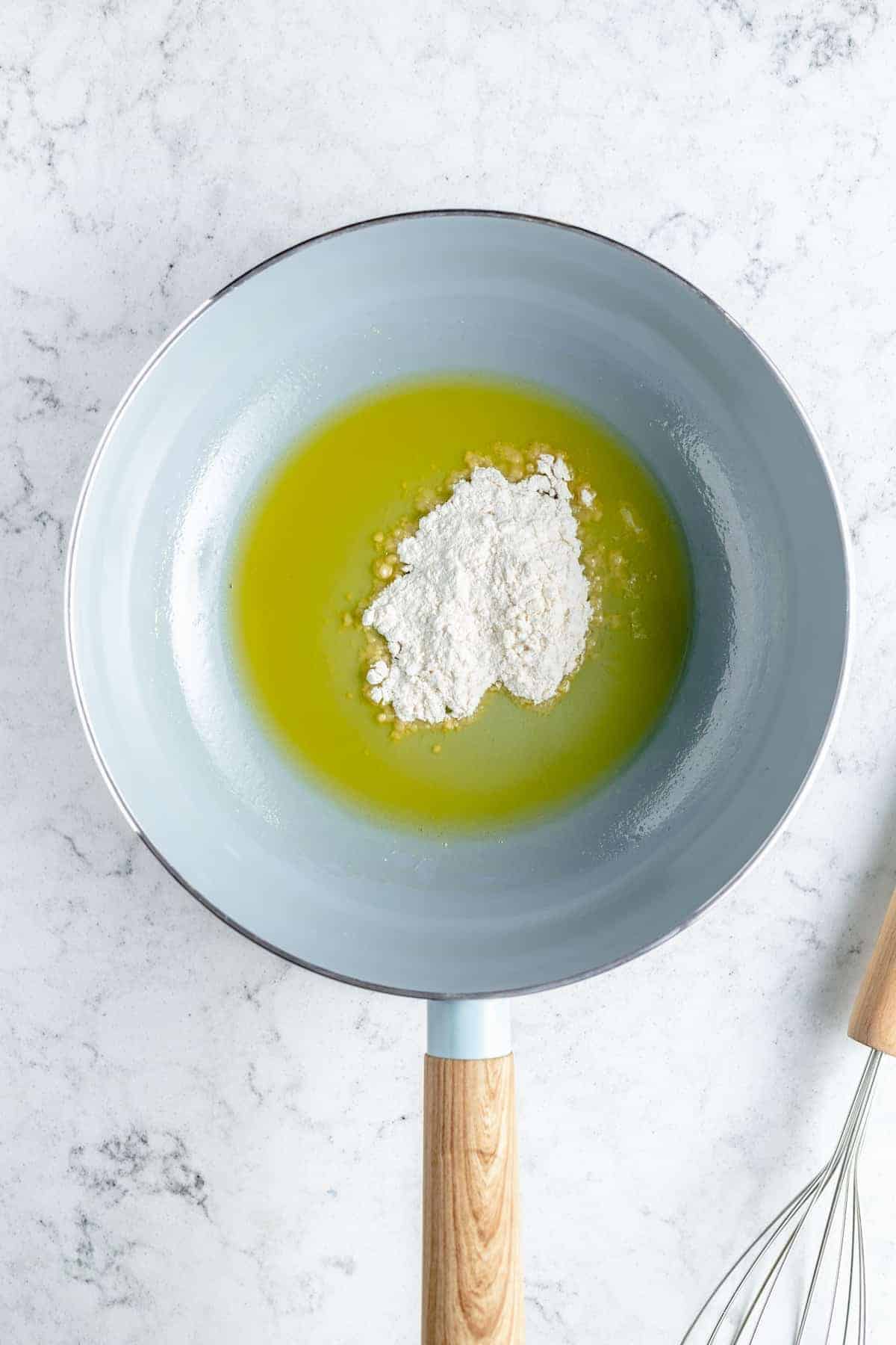 Overhead shot of melted butter and flour in saucepan