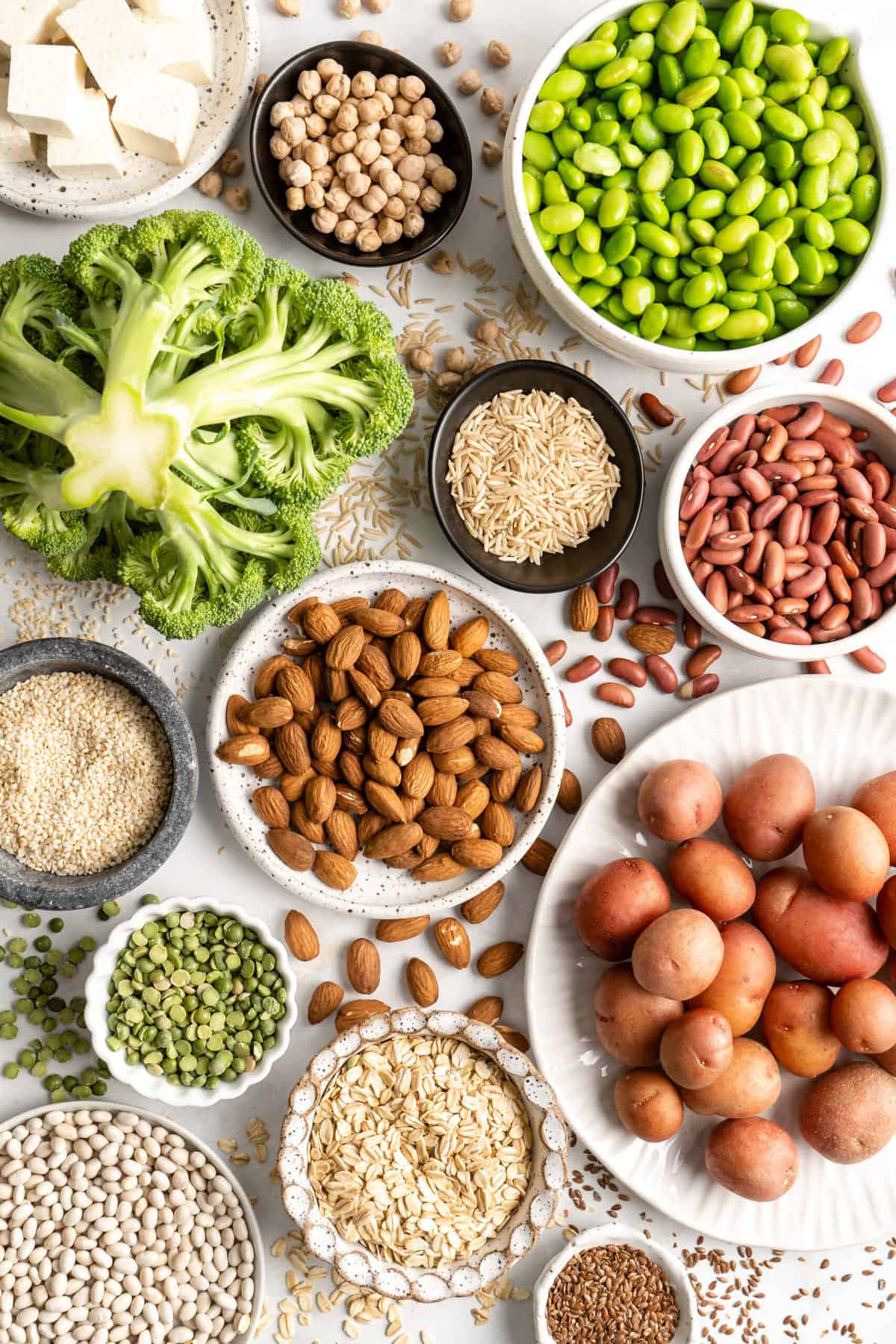 a variety of vegan protein sources including broccoli, potatoes, nuts, seeds and legumes