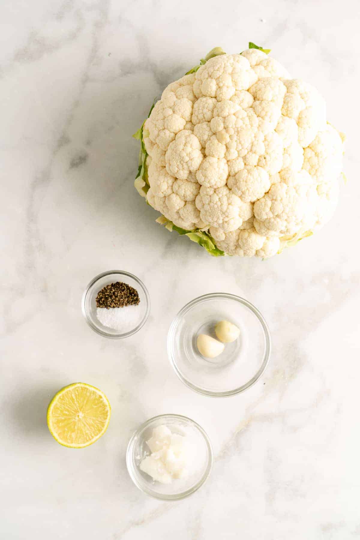 Overhead view of cauliflower rice ingredients