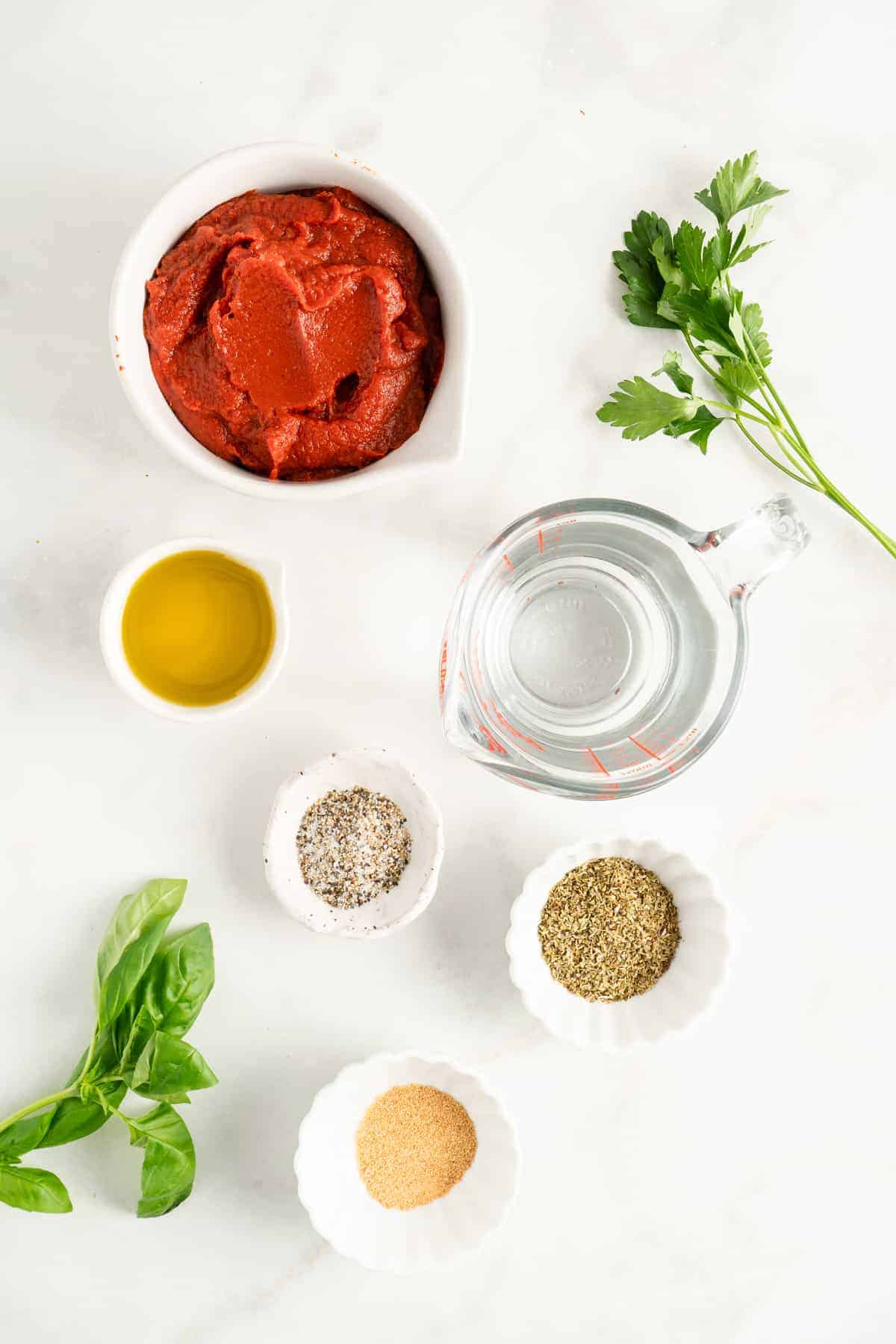 Overhead view of homemade marinara ingredients