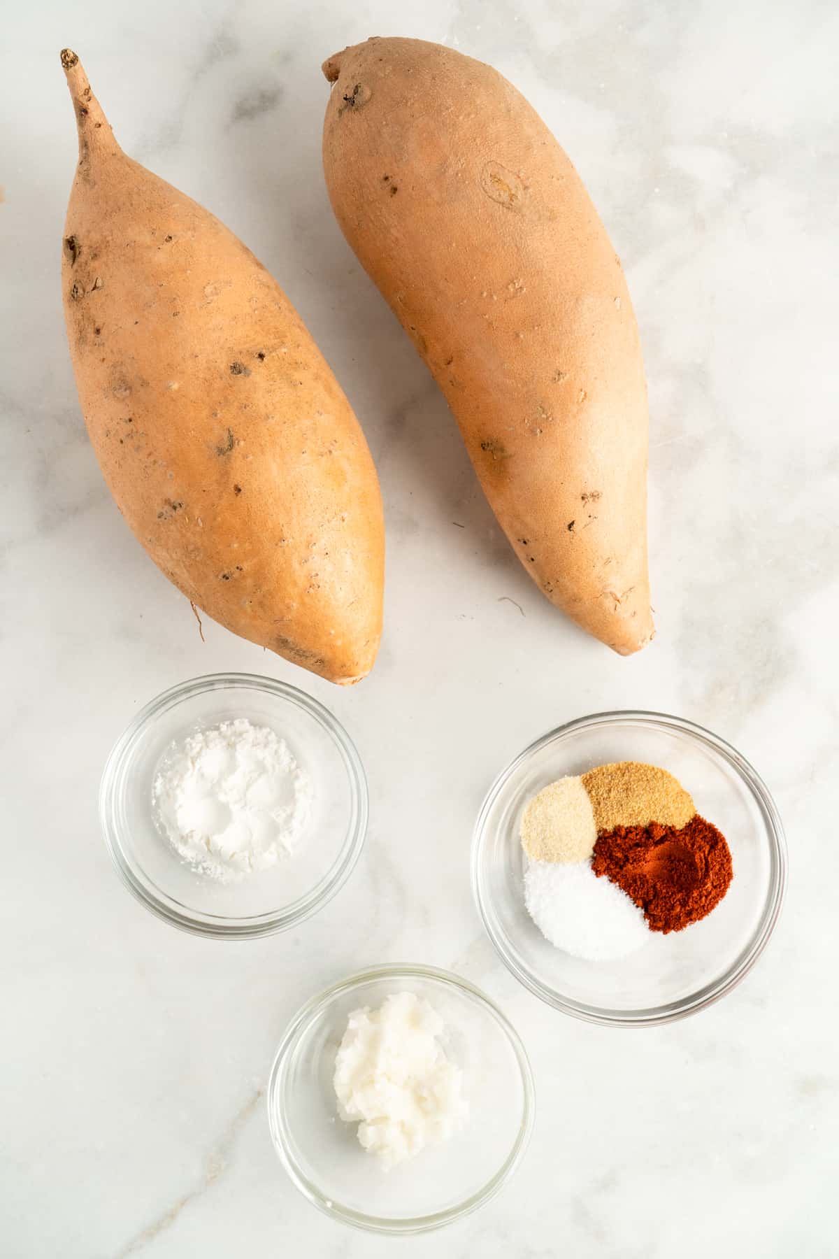 Overhead view of sweet potato tater tot ingredients