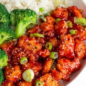 korean tofu bites on a bed of rice with broccoli