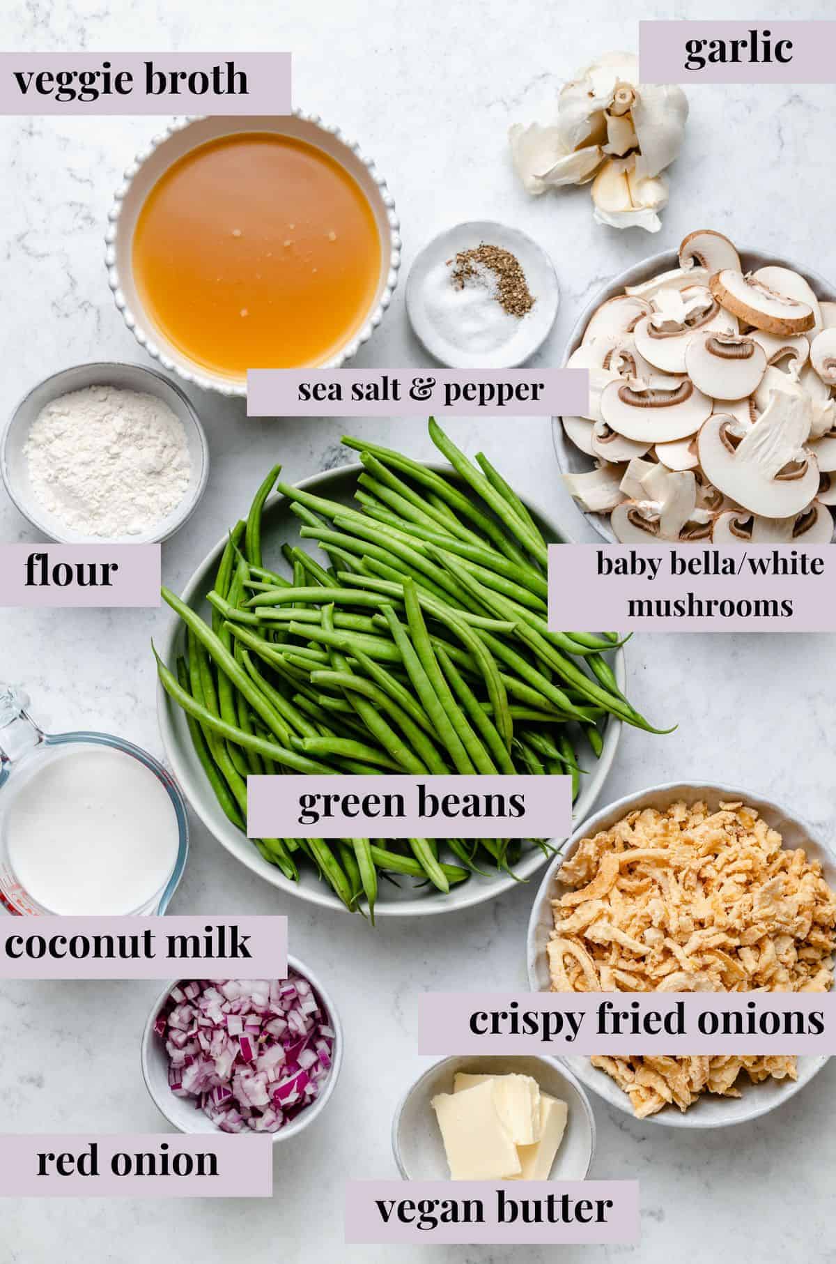 Overhead view of vegan green bean casserole ingredients