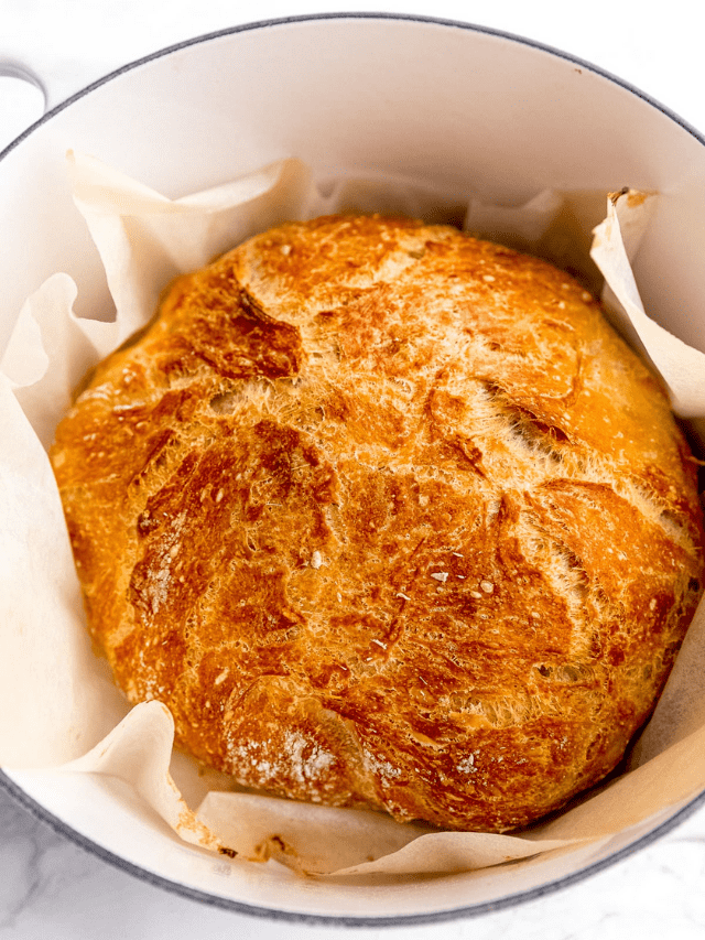 No Knead Bread in a dutch oven after being baked.