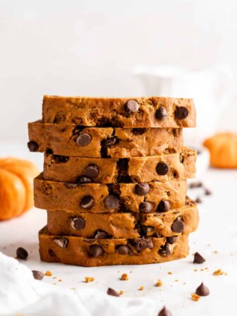 Stack of chocolate chip pumpkin bread slices
