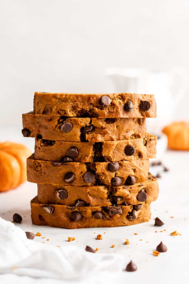 Stack of chocolate chip pumpkin bread slices