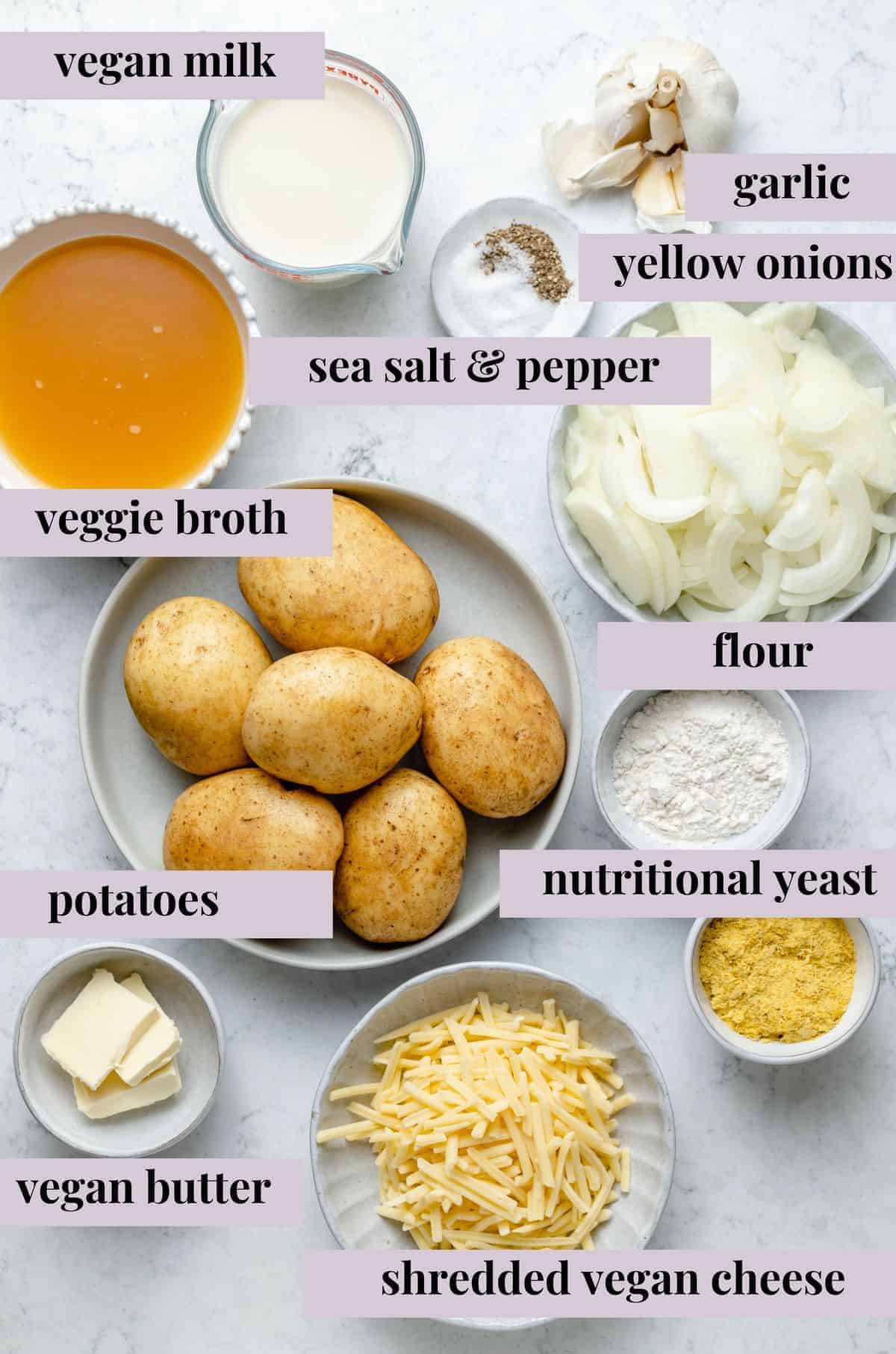 Overhead view of vegan scalloped potato ingredients with labels
