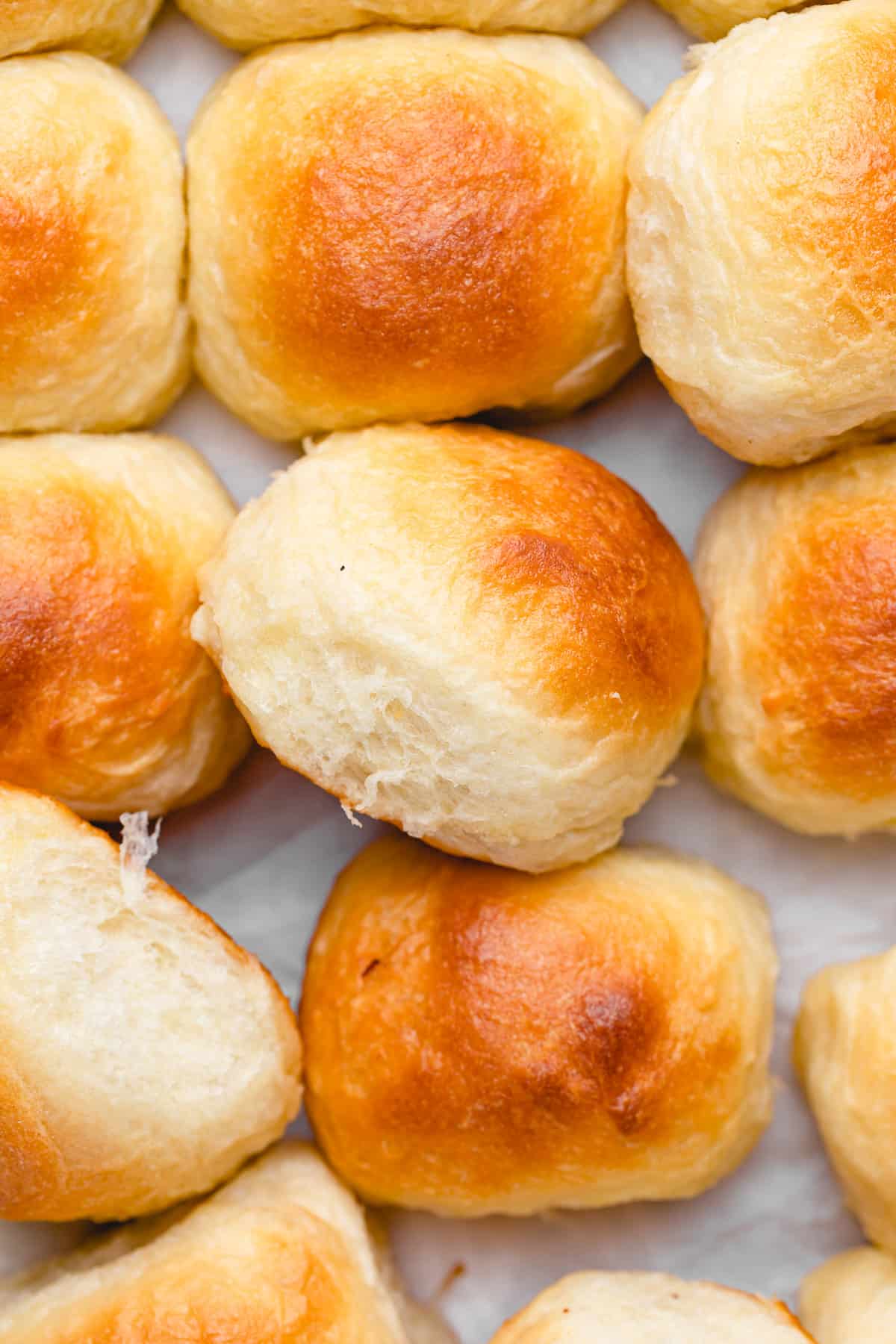 vegan dinner rolls on a counter, with some turned sideways