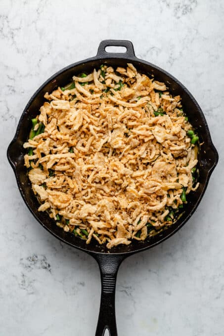 Overhead view of green bean casserole before baking