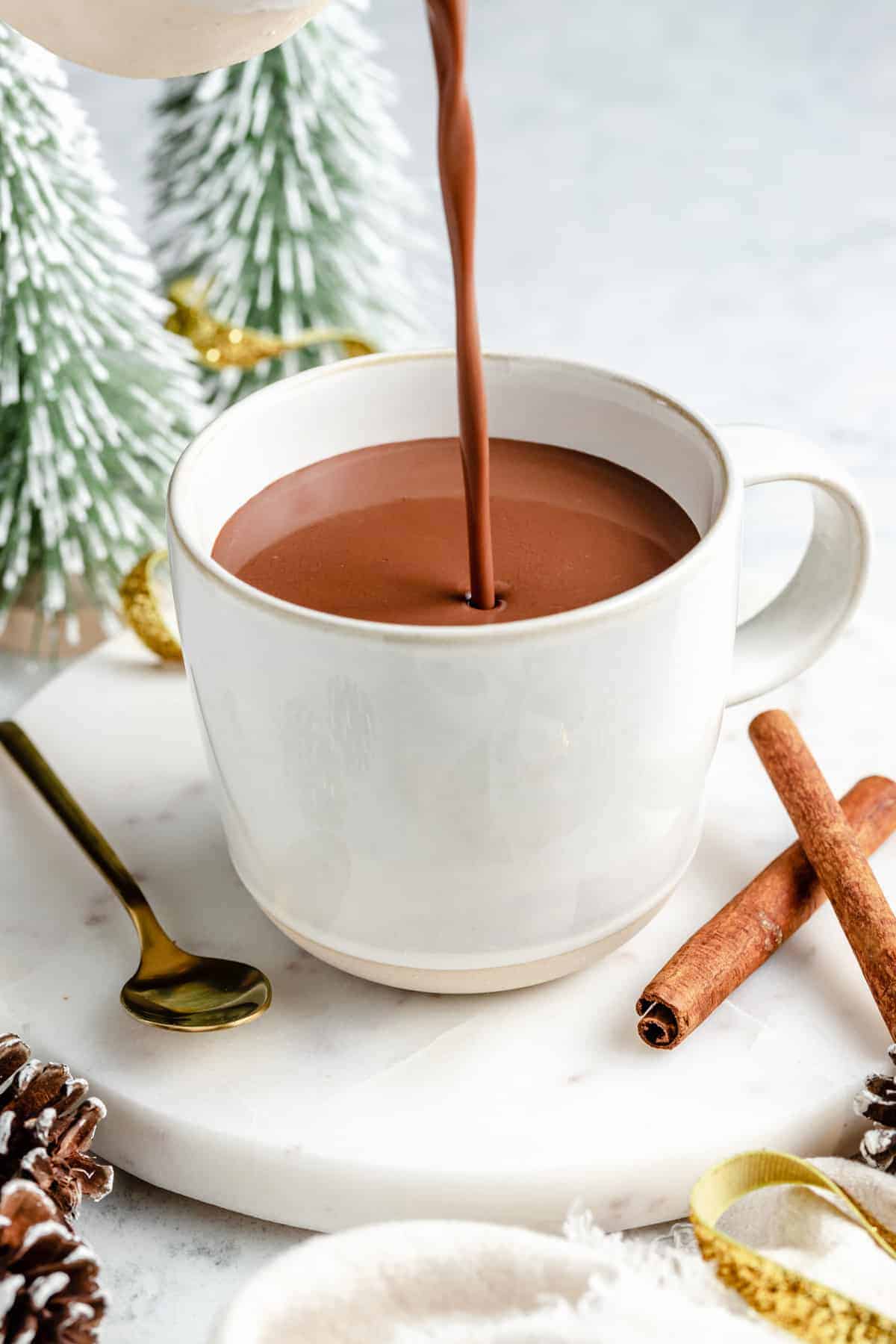 Pouring hot chocolate into mug