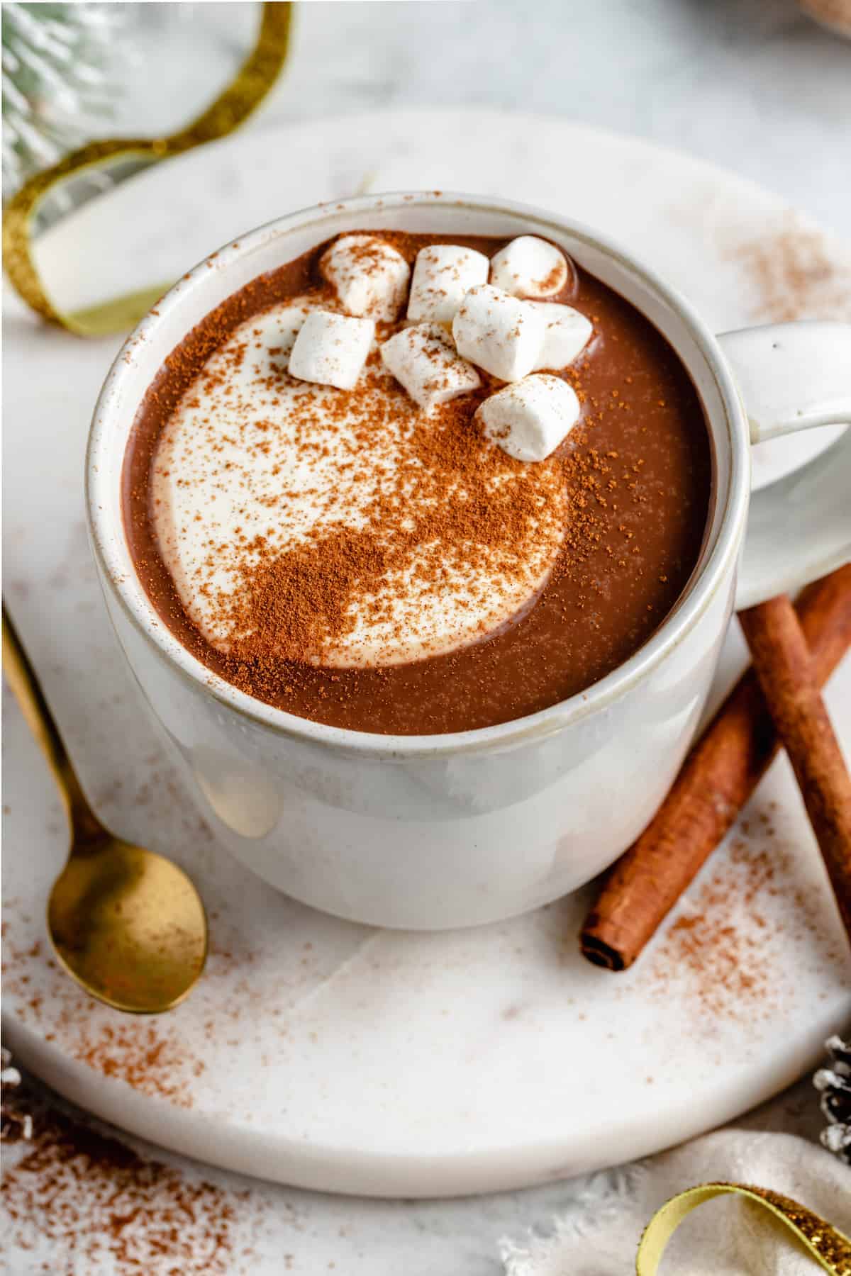 Top view of hot cocoa in mug with whipped cream, cinnamon, and marshmallows