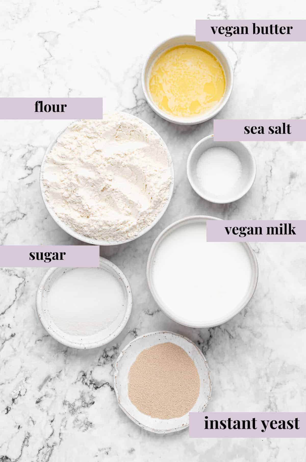 ingredients to make vegan dinner rolls labelled