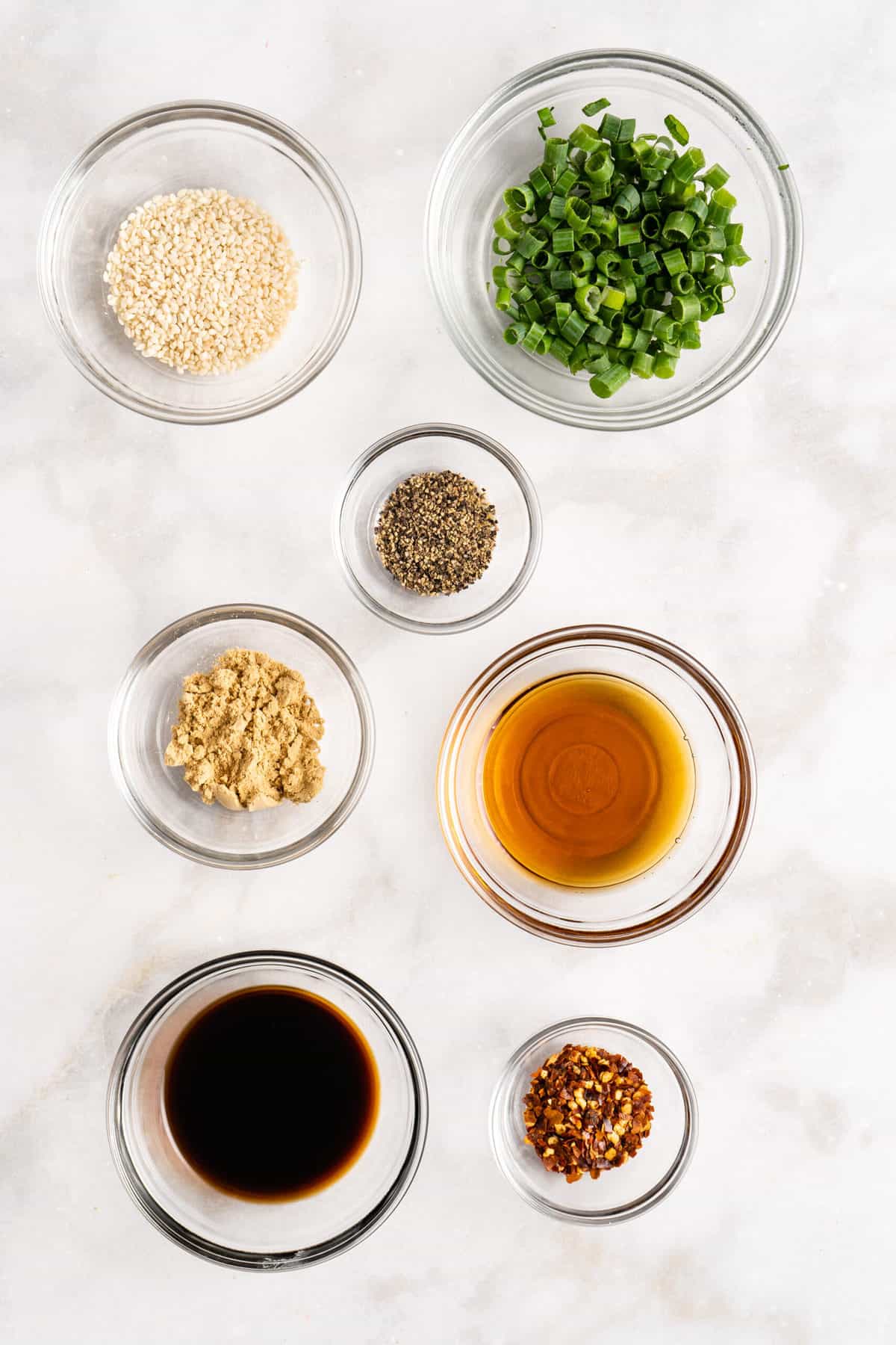 Overhead view of dipping sauce ingredients