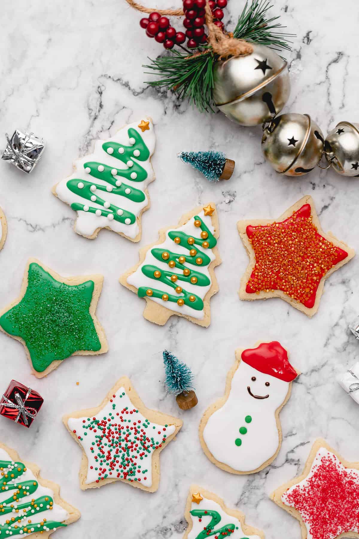 Overhead view of vegan sugar cookies decorated for Christmas