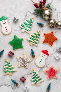 Overhead view of decorated Christmas vegan sugar cookies