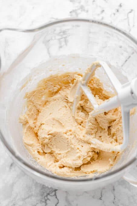 Sugar cookie dough in stand mixer bowl