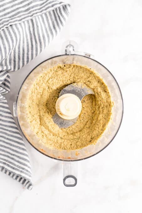 Overhead view of baba ghanoush in food processor