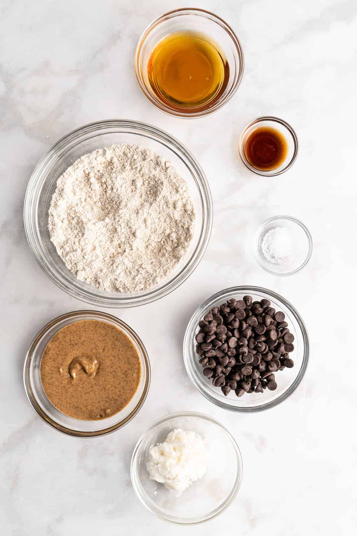 Overhead view of edible vegan chocolate chip cookie dough ingredients