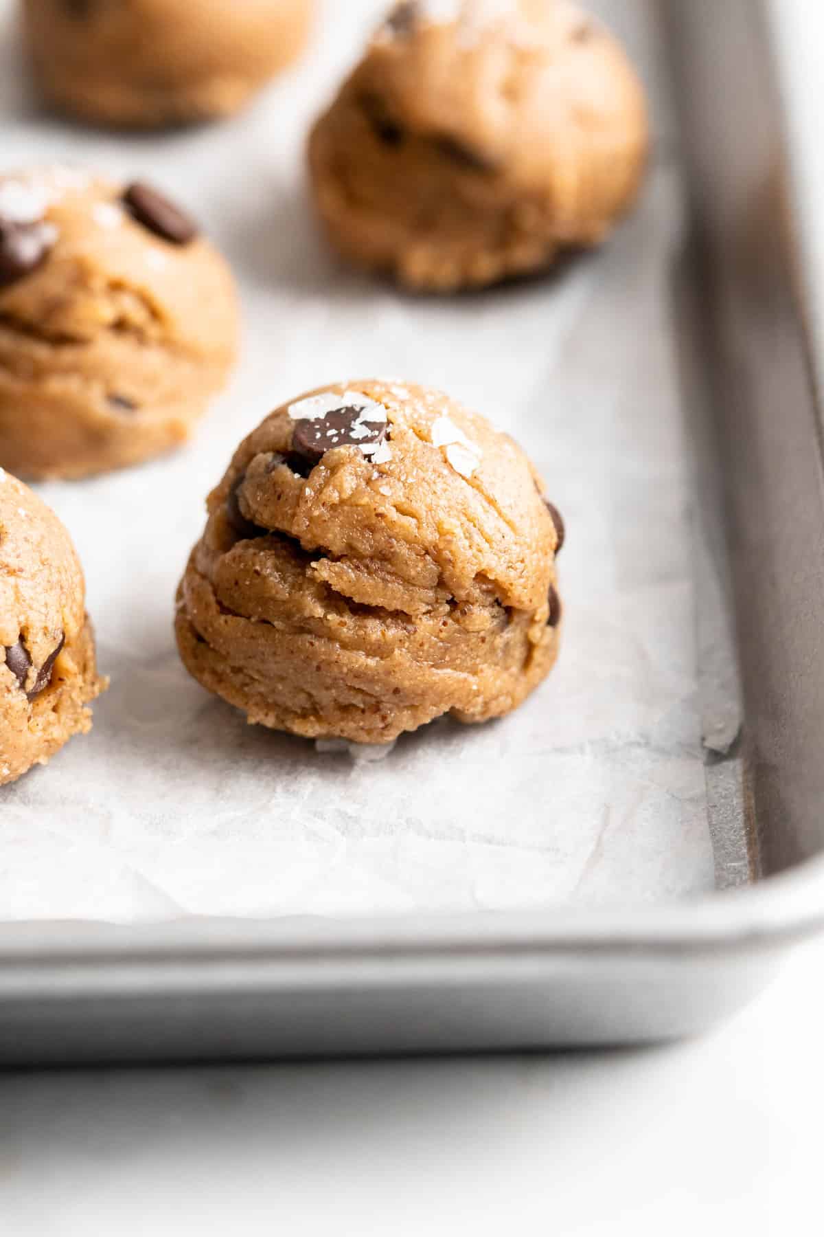 Closeup of vegan edible chocolate chip cookie dough
