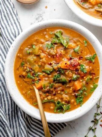 Overhead view of chunky lentil soup in white bowl with gold spoon