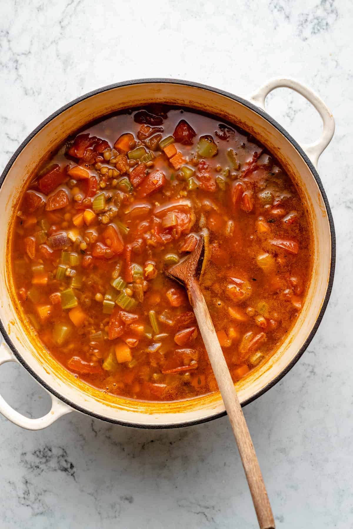 Overhead view of lentil soup in pot before pureeing