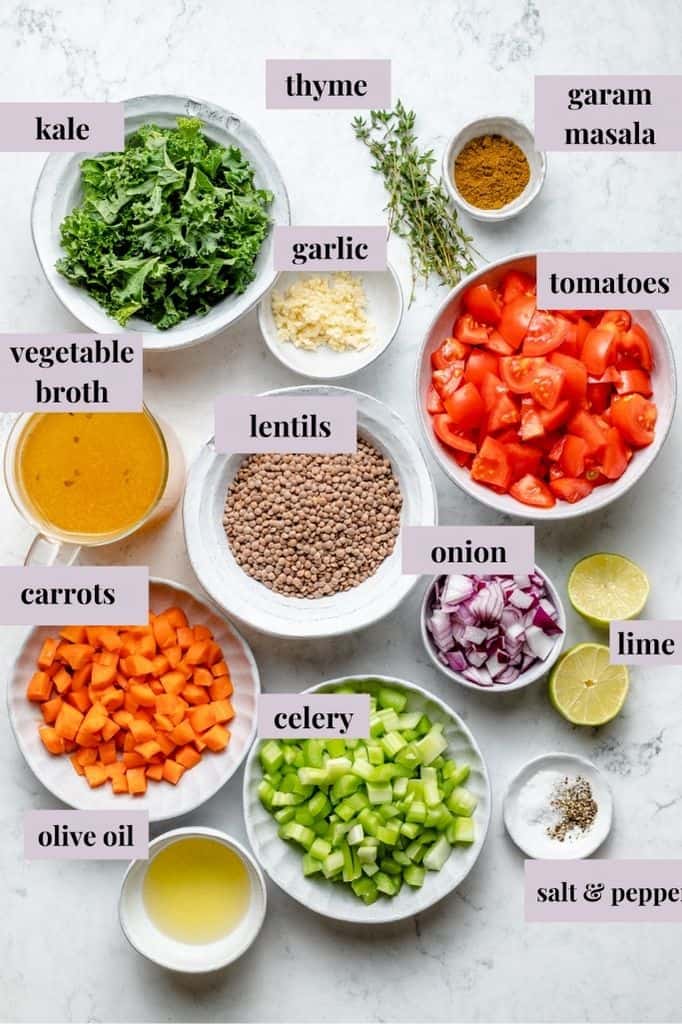 Overhead view of vegan lentil soup ingredients