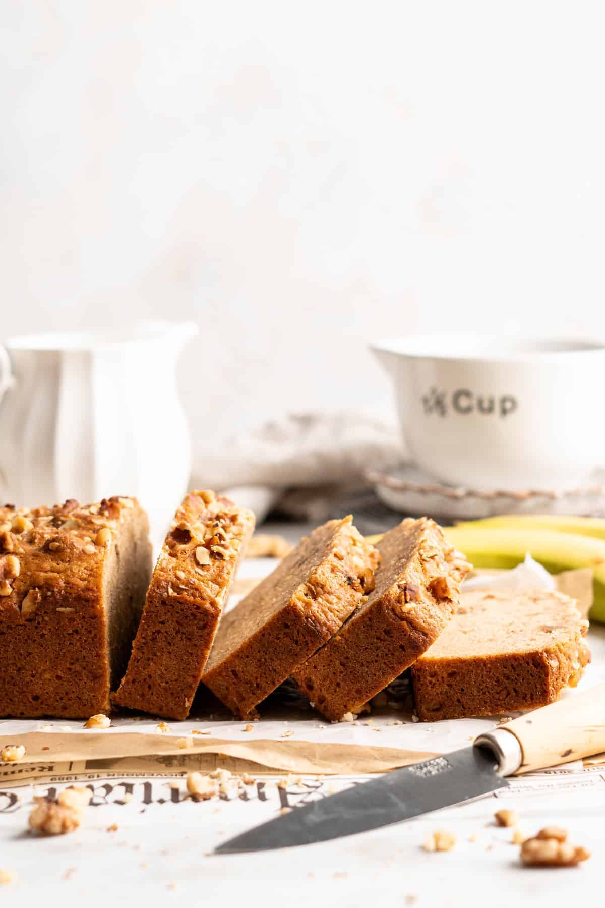 Side view of sliced vegan banana bread