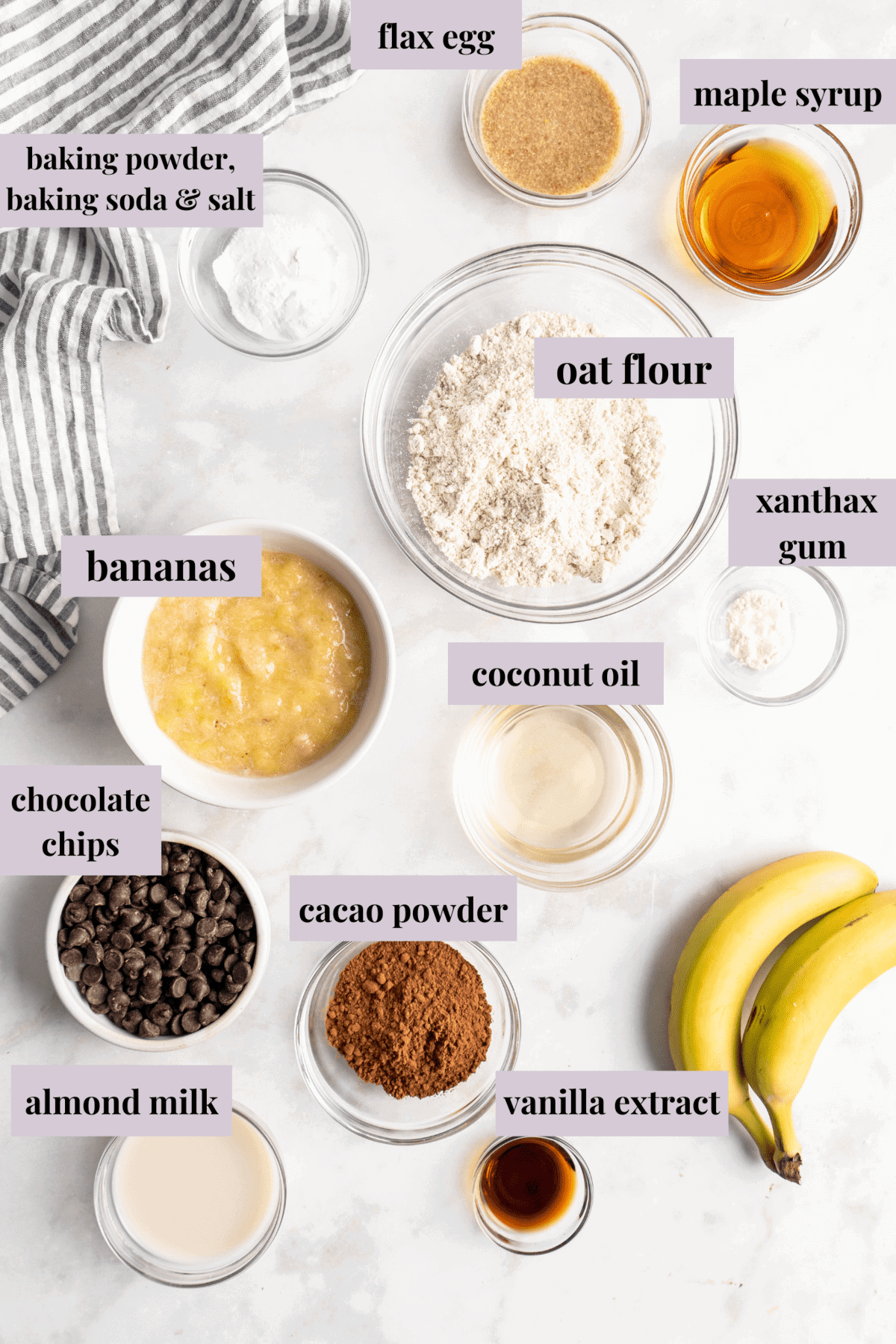 Overhead view of Double Chocolate Banana Muffin ingredients