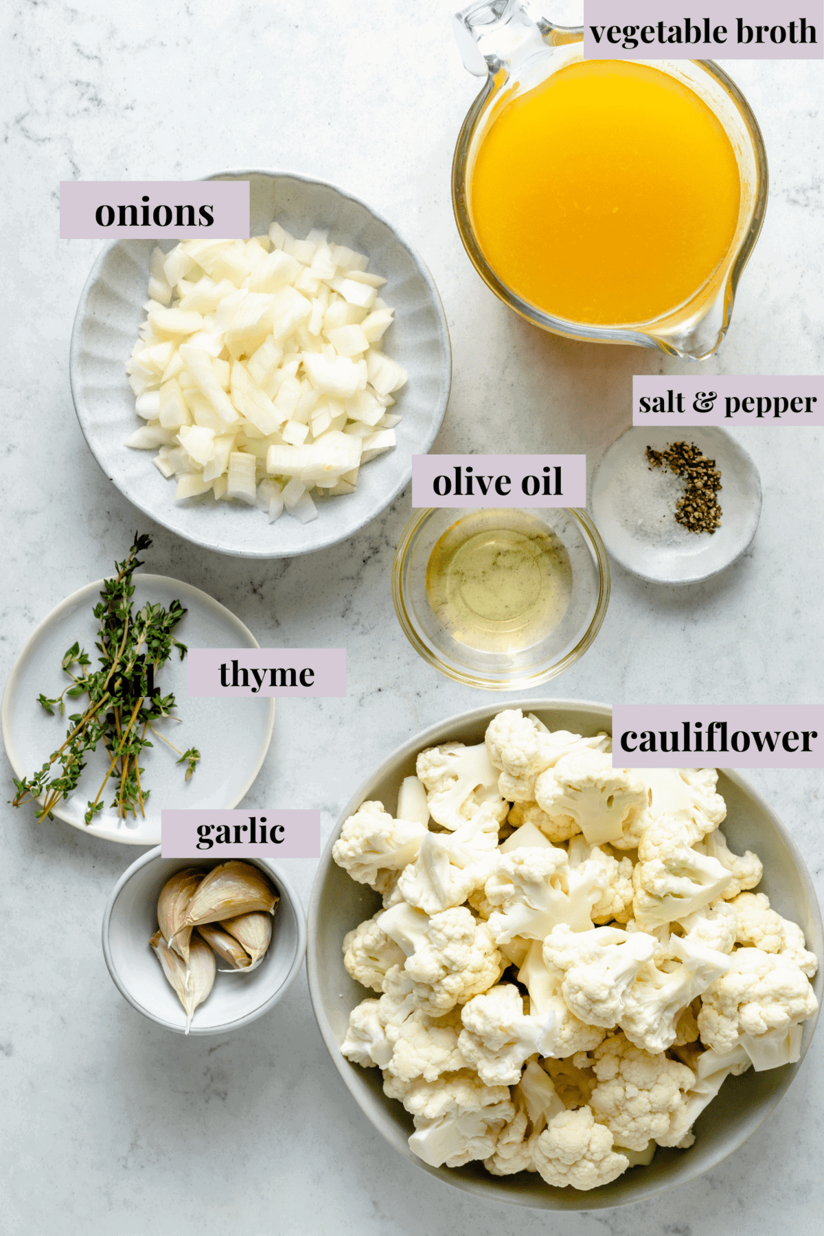 Overhead view of Roasted Cauliflower Soup ingredients