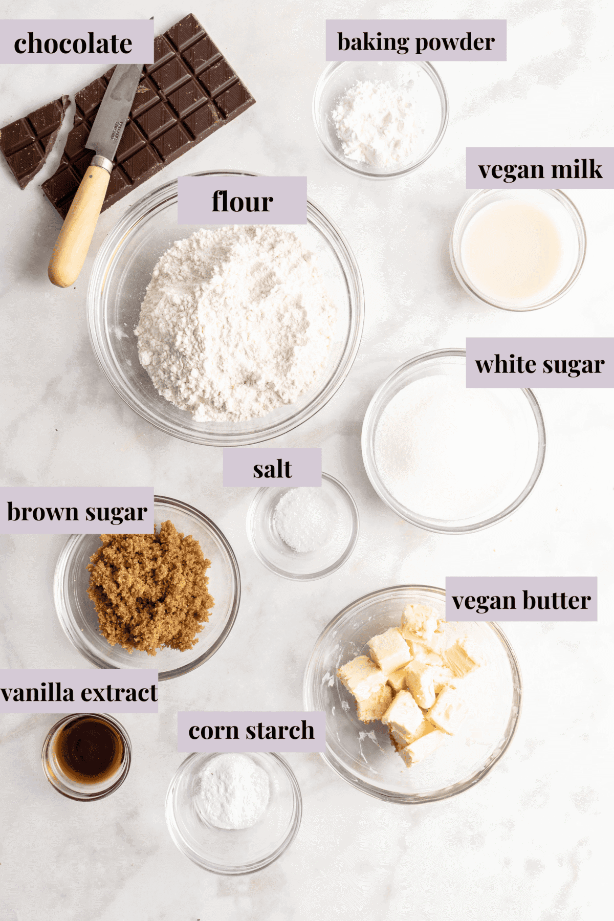 Overhead view of Vegan Chocolate Chip Cookie ingredients with labels