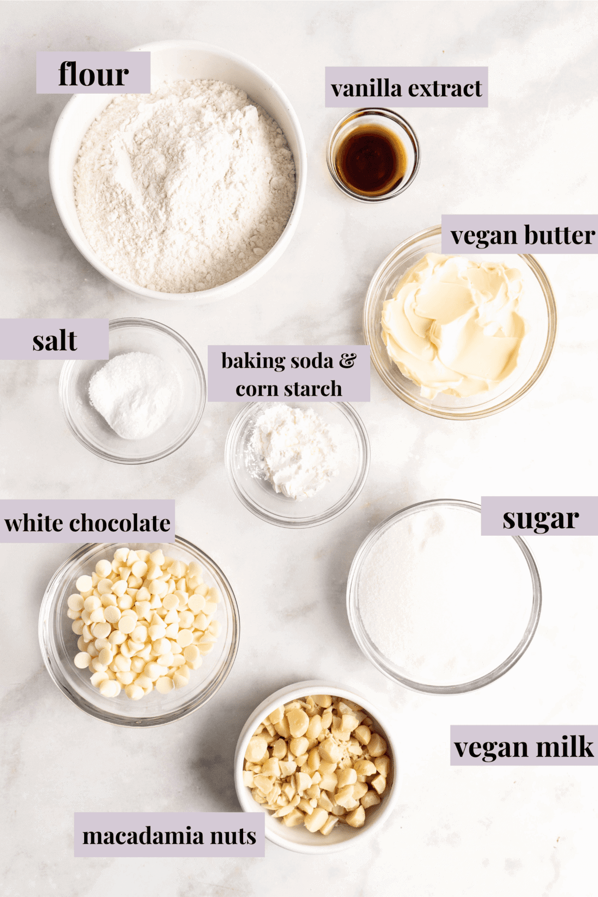 Overhead view of White Chocolate Macadamia Nut Cookies ingredients