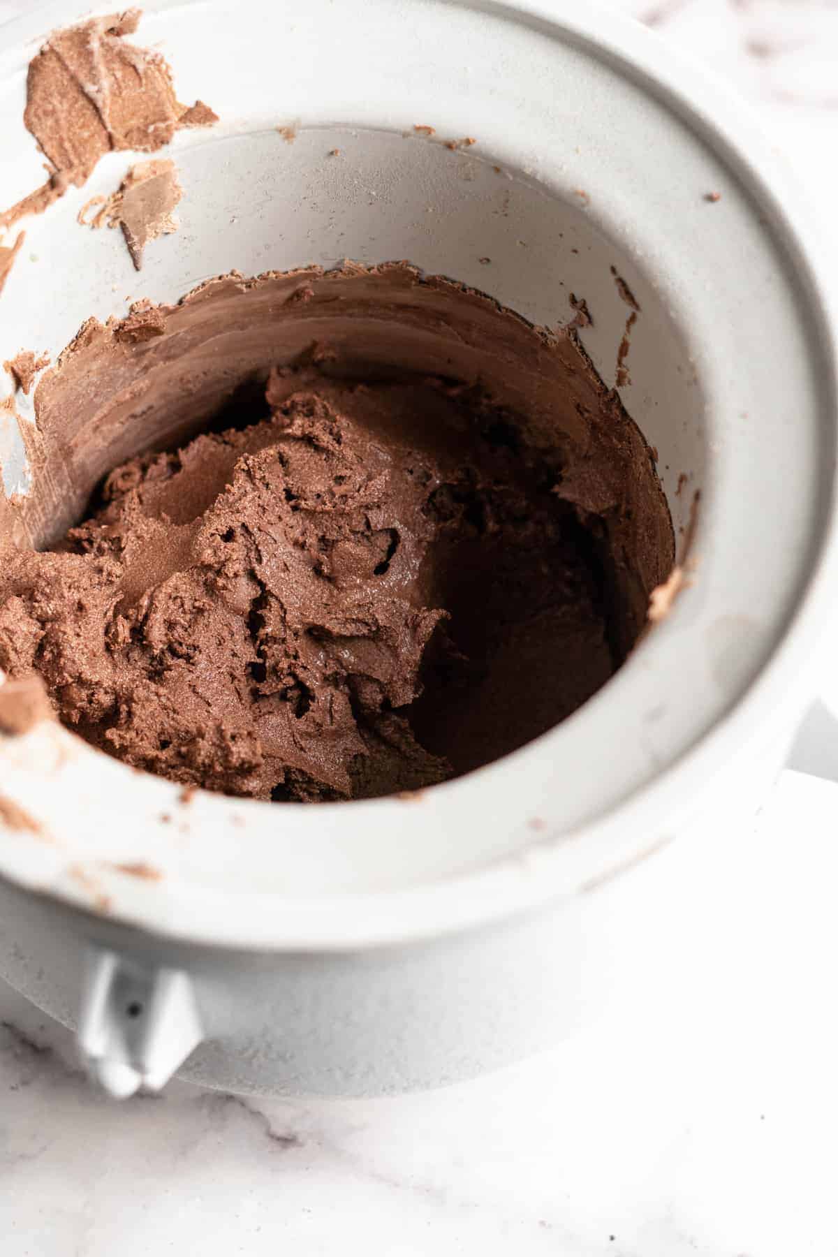 Chocolate avocado ice cream in ice cream maker