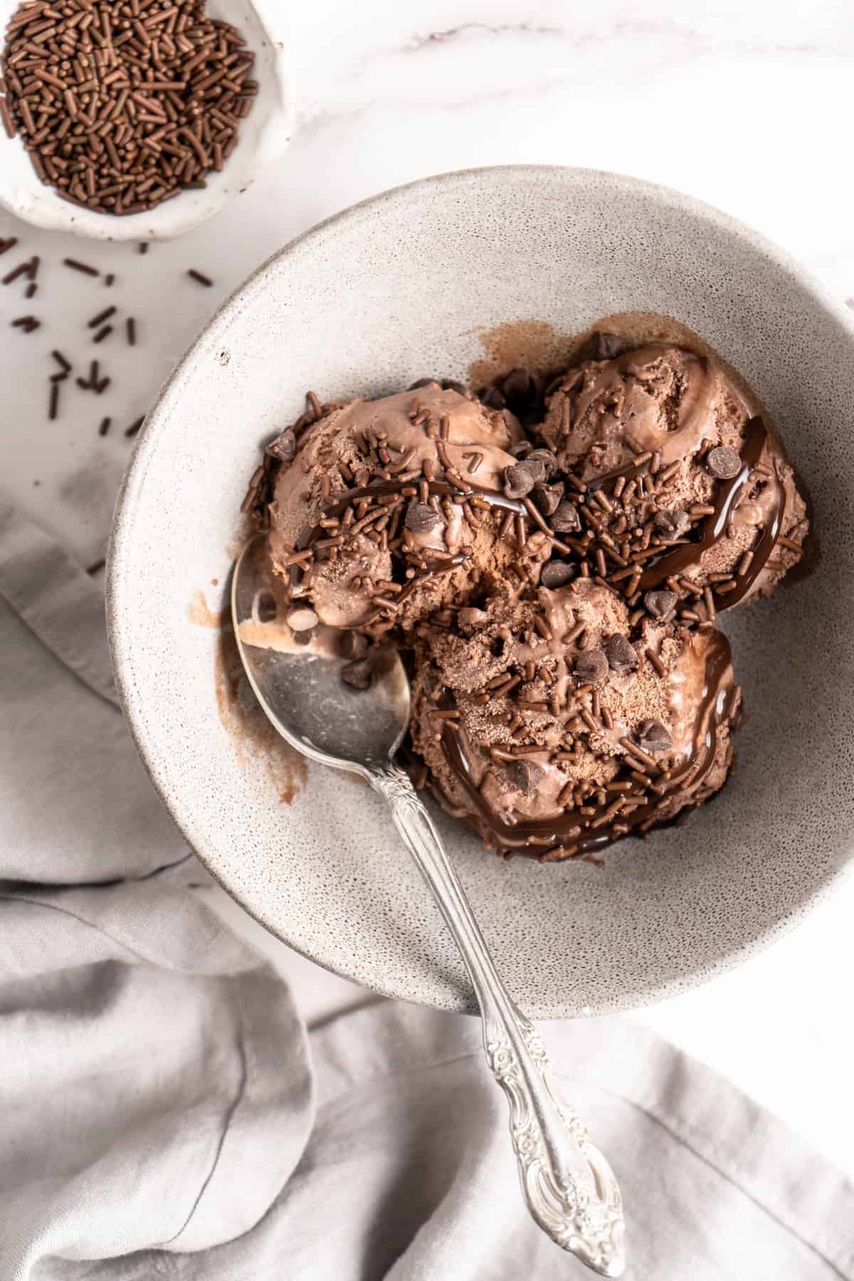 Chocolate Avocado Ice Cream in bowl with spoon and sprinkles