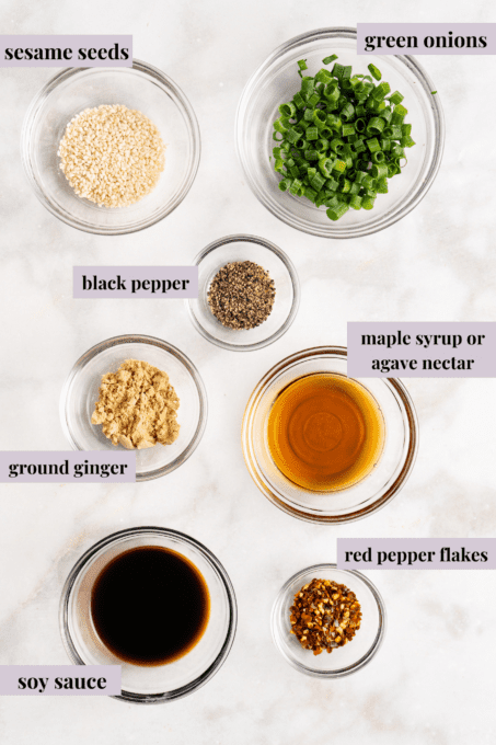 Learn how to make potstickers at home! Fill these vegan Chinese dumplings with veggies and tofu, and serve with your favorite dipping sauce. Overhead view of Chinese dumpling ingredients