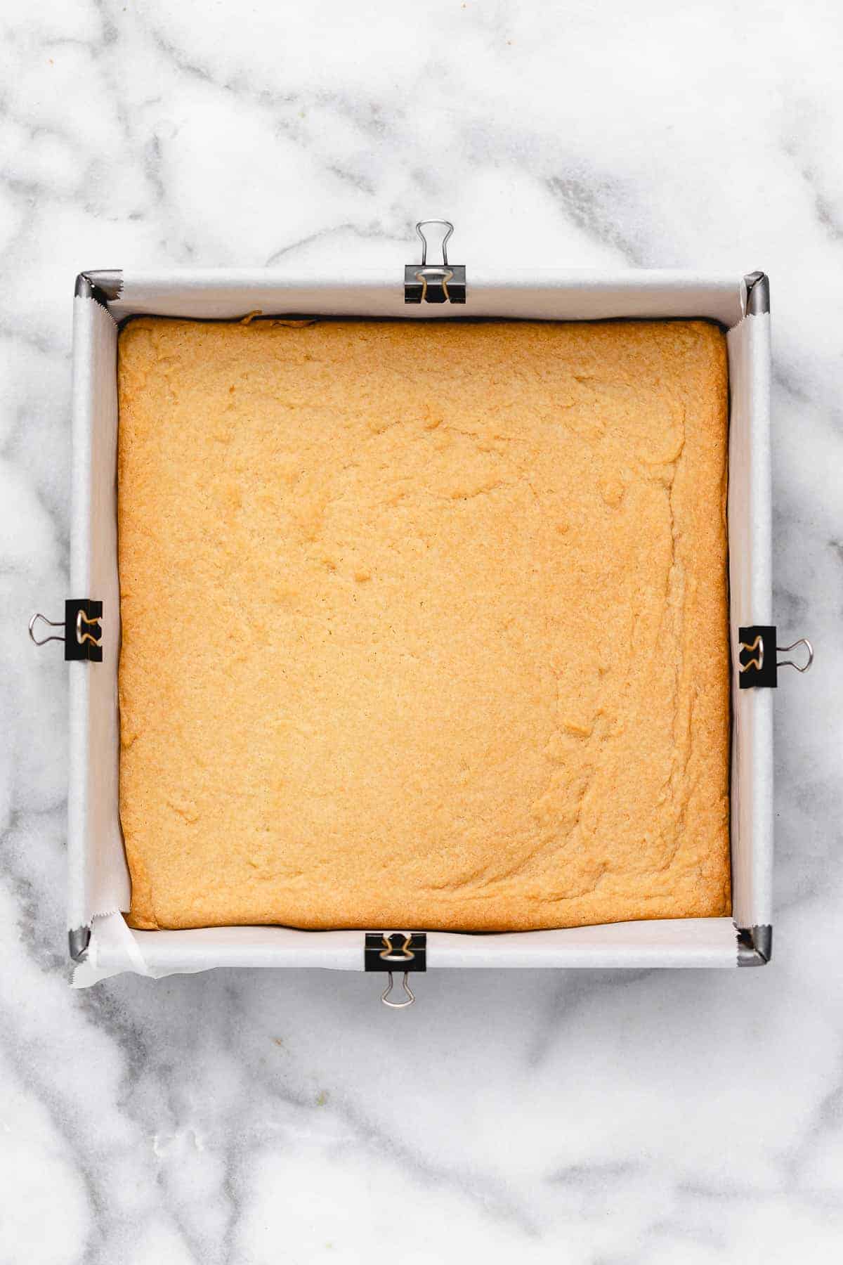 Sugar cookie bars in pan before frosting