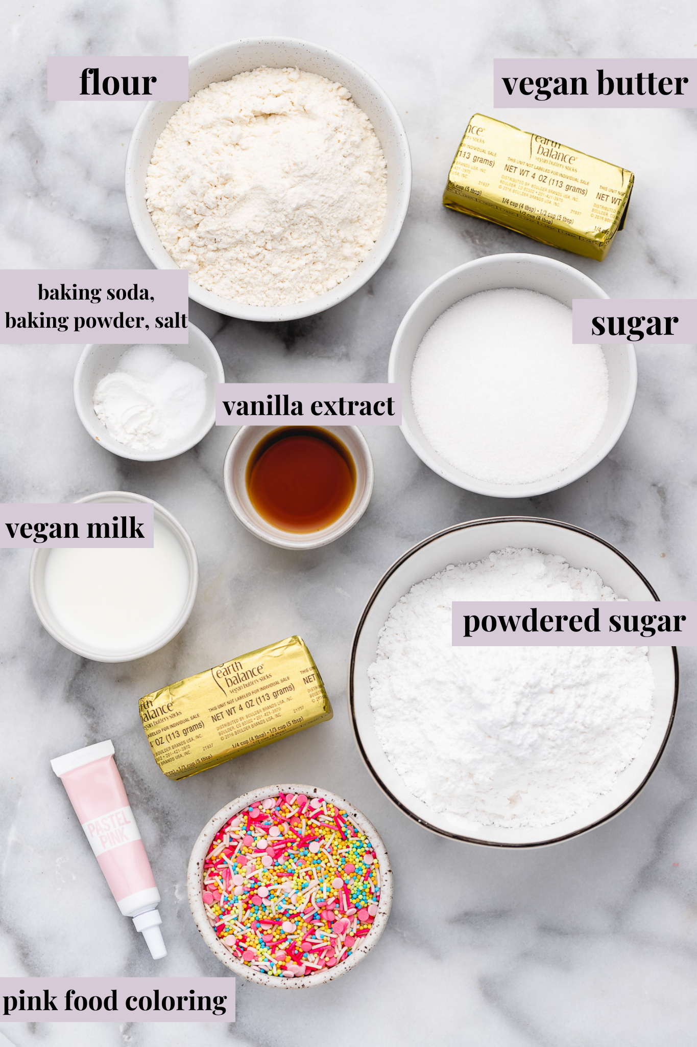 Overhead view of vegan sugar cookie bar ingredients