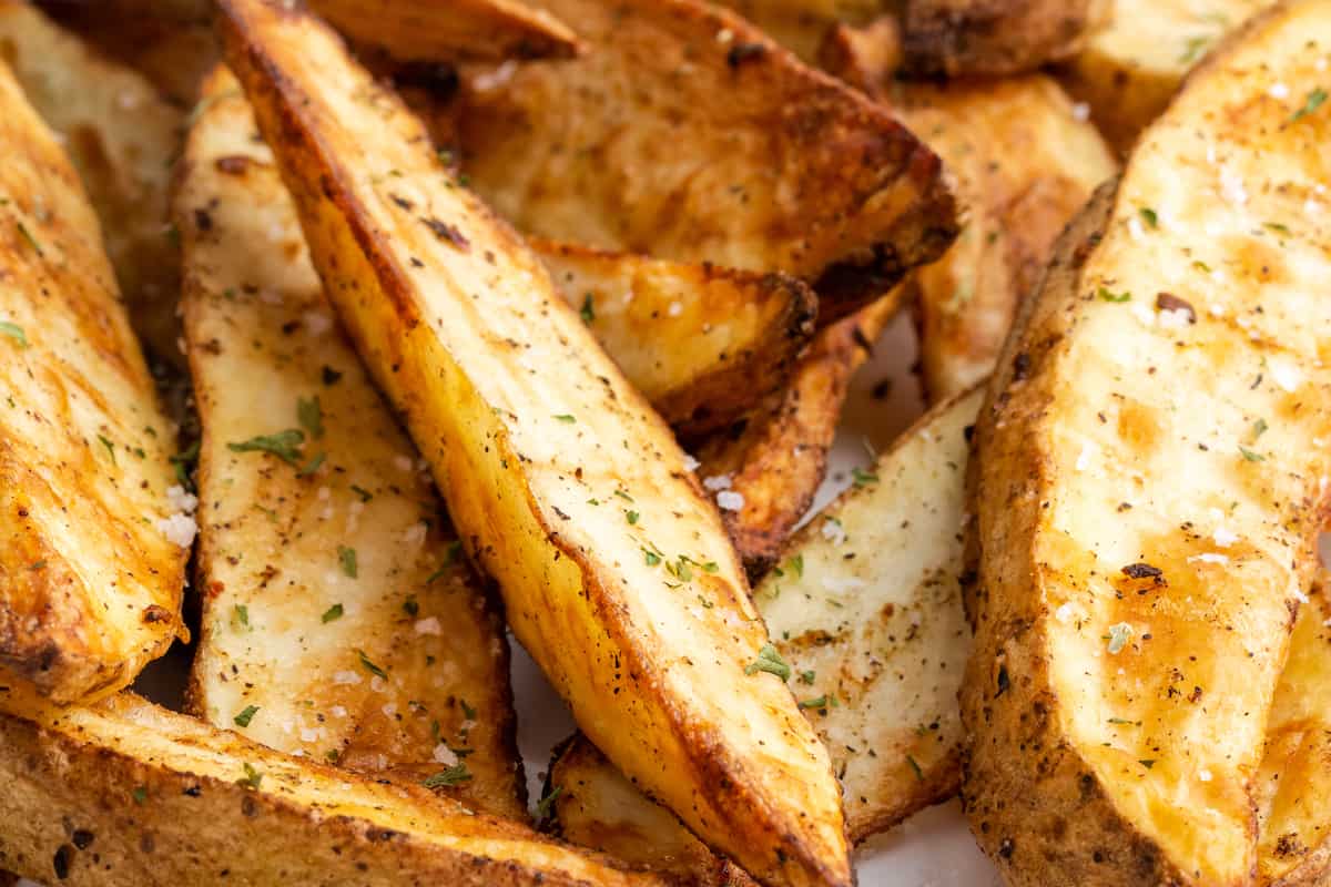 Close up of air fryer potato wedges