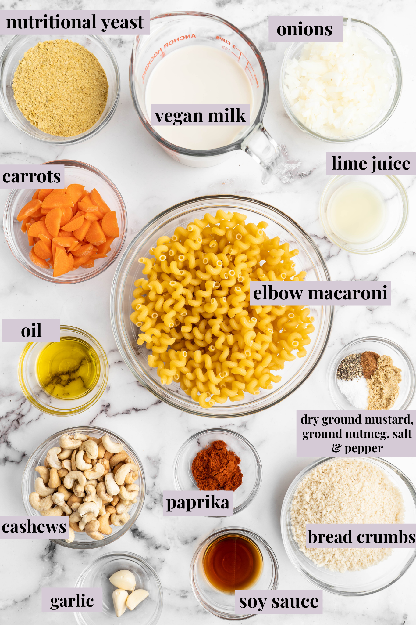 Overhead view of baked vegan mac and cheese ingredients with labels