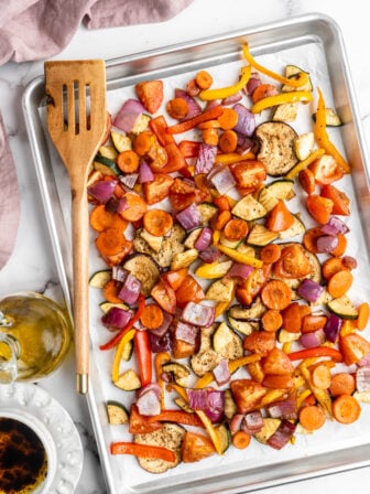 Overhead view of sheet pan full of roasted vegetables