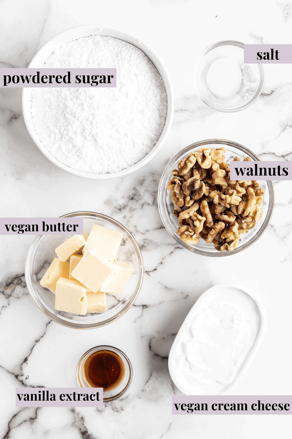 Overhead view of vegan cream cheese frosting ingredients with labels