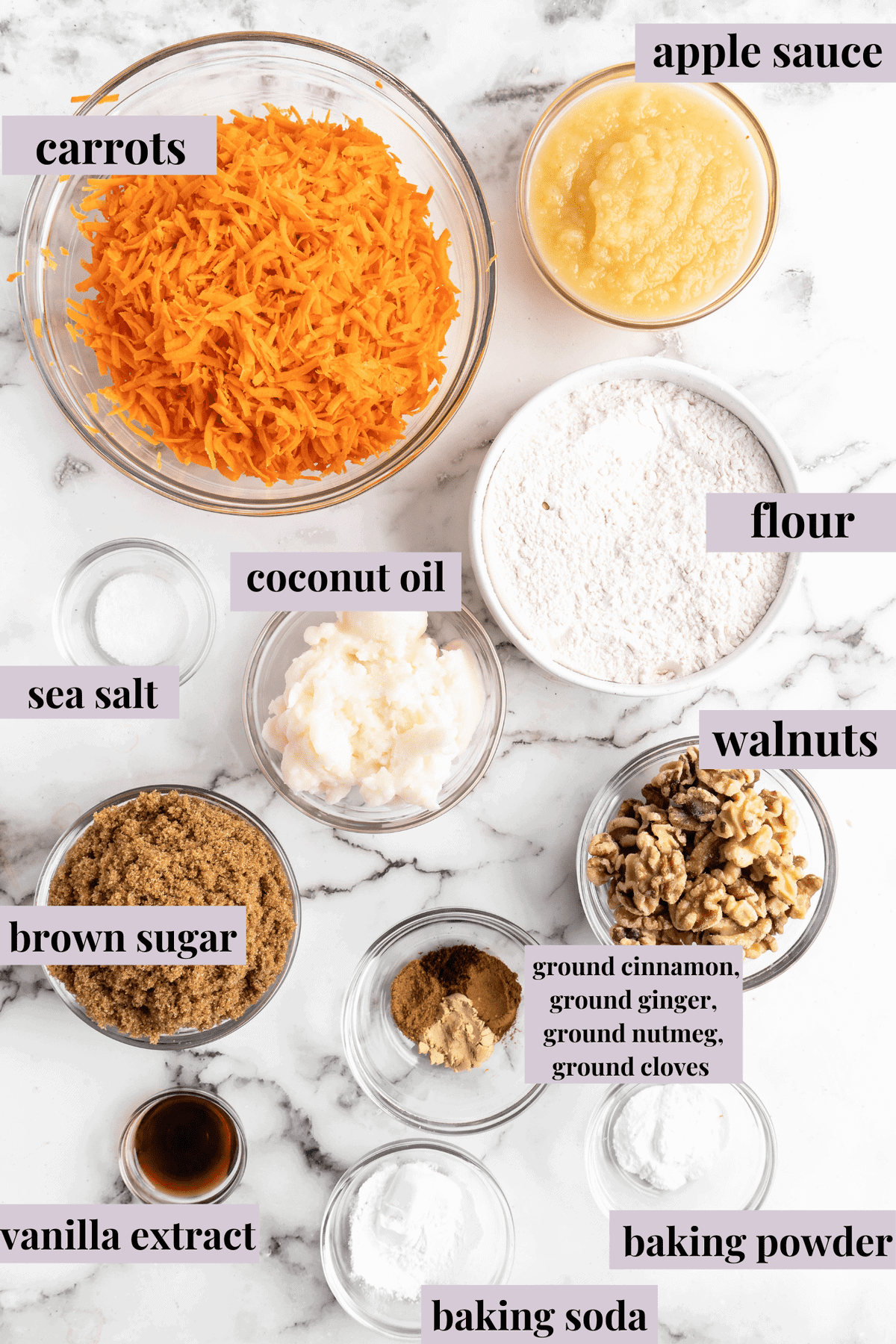 Overhead view of vegan carrot cake ingredients with labels